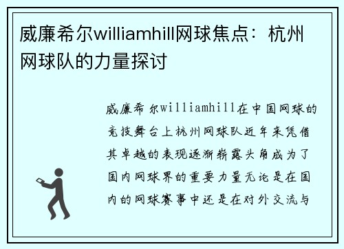 威廉希尔williamhill网球焦点：杭州网球队的力量探讨