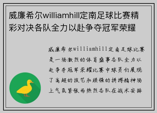 威廉希尔williamhill定南足球比赛精彩对决各队全力以赴争夺冠军荣耀
